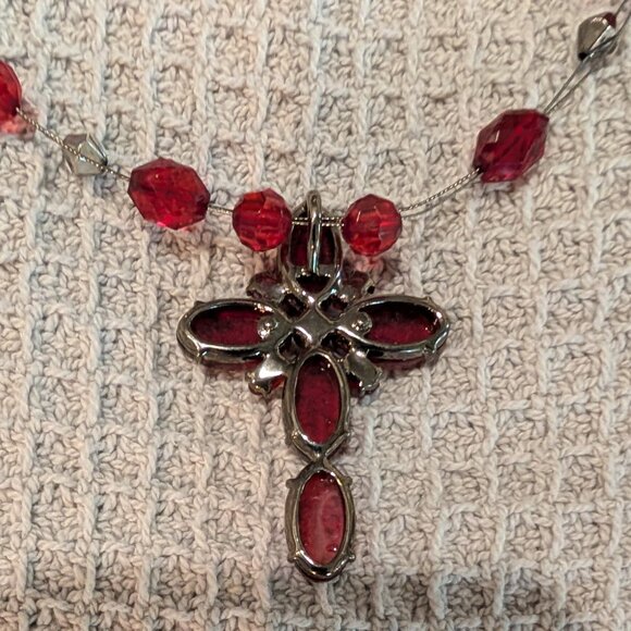 Faux Red Gemstone Garnet Pendant Necklace 16" Long, Wire - Picture 5 of 6